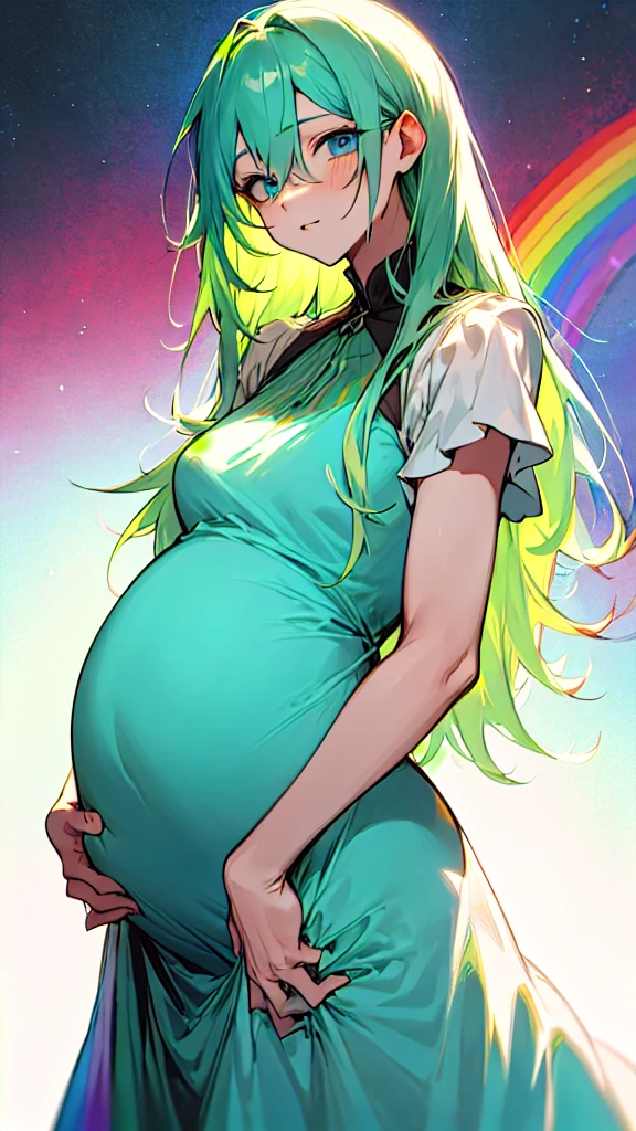 Pregnant trans man,long dark green hair, blue eyes, rainbow dress