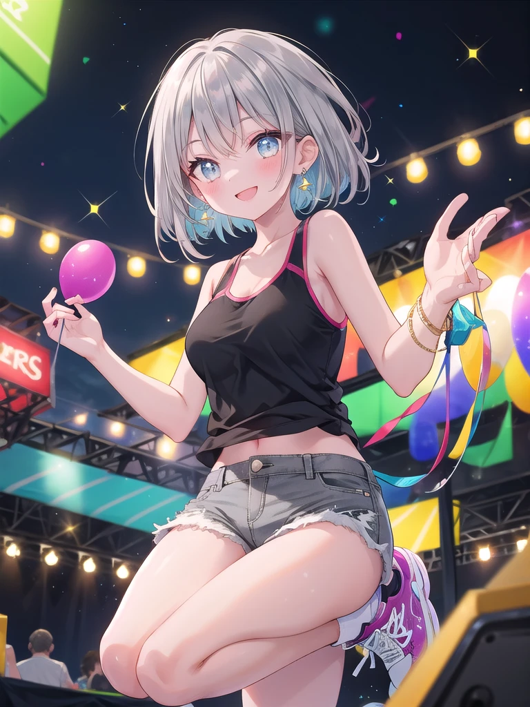 ((8k, best quality, master piece: 1.3)),super high resolution,(1 girl, solo), (colorshift eyes, hyperdetailed, expressive sparkling, glitter, glowing eyes), ultra detailed eyes, ultra-detailed face, random hair, ((silver gray color)), A silver-haired woman is wearing a colorful tank top, shorts, and sneakers at a summer festival. Food stalls and a stage are lined up in the background, creating a lively atmosphere. She is holding colorful balloons and smiling happily. The tank top is made of polyester and the shorts are made of denim. Her gold earrings dangle and sparkle in the reflection of the festival lights. She looks cheerfully at the camera and seems to be enjoying the festival atmosphere.