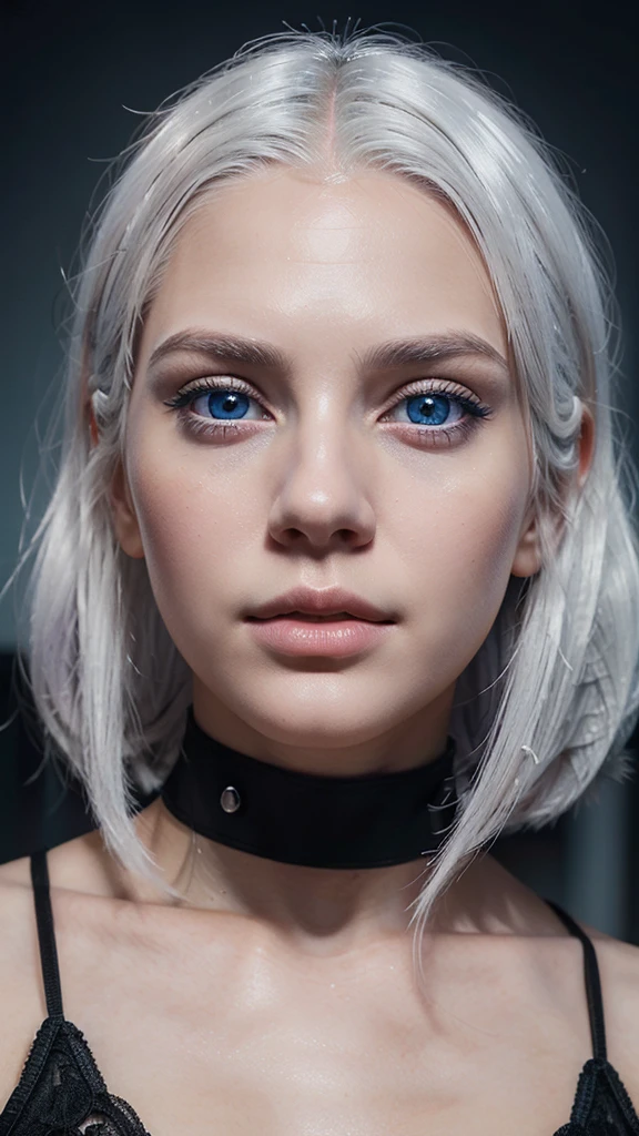 Young girl, white hair, blue eyes, full lips, highly realistic, Excellent rendering, 4k realistic eyes, realistic face, symmetrical head ai futuristic 
