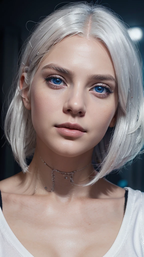 Young girl, white hair, blue eyes, full lips, highly realistic, Excellent rendering, 4k realistic eyes, realistic face, symmetrical head ai futuristic