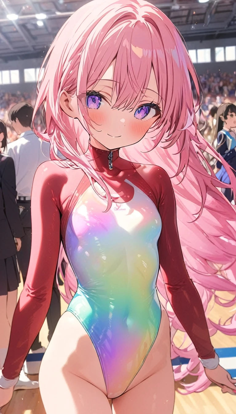 highquality illustration, masterpiece, very delicate and beautiful, attractive girl,((gymnastics leotard,tight-fit
leotard,long sleeve leotard,long_sleeve leotard,high_leg leotard,athletic leotard,floral patterns leotard,iridescent gradient leotard)), audience reactions,thin,slender body,slim,high school,gymnasium,gymnastics club,beautiful eyes,(masterpiece, best quality:1.2), highres, extremely detailed CG unity 8k wallpaper, perfect lighting, Colourful, ultra-high res,4K,ultra-detailed, photography, 8K, HDR, 17 ages,cowboy shot,