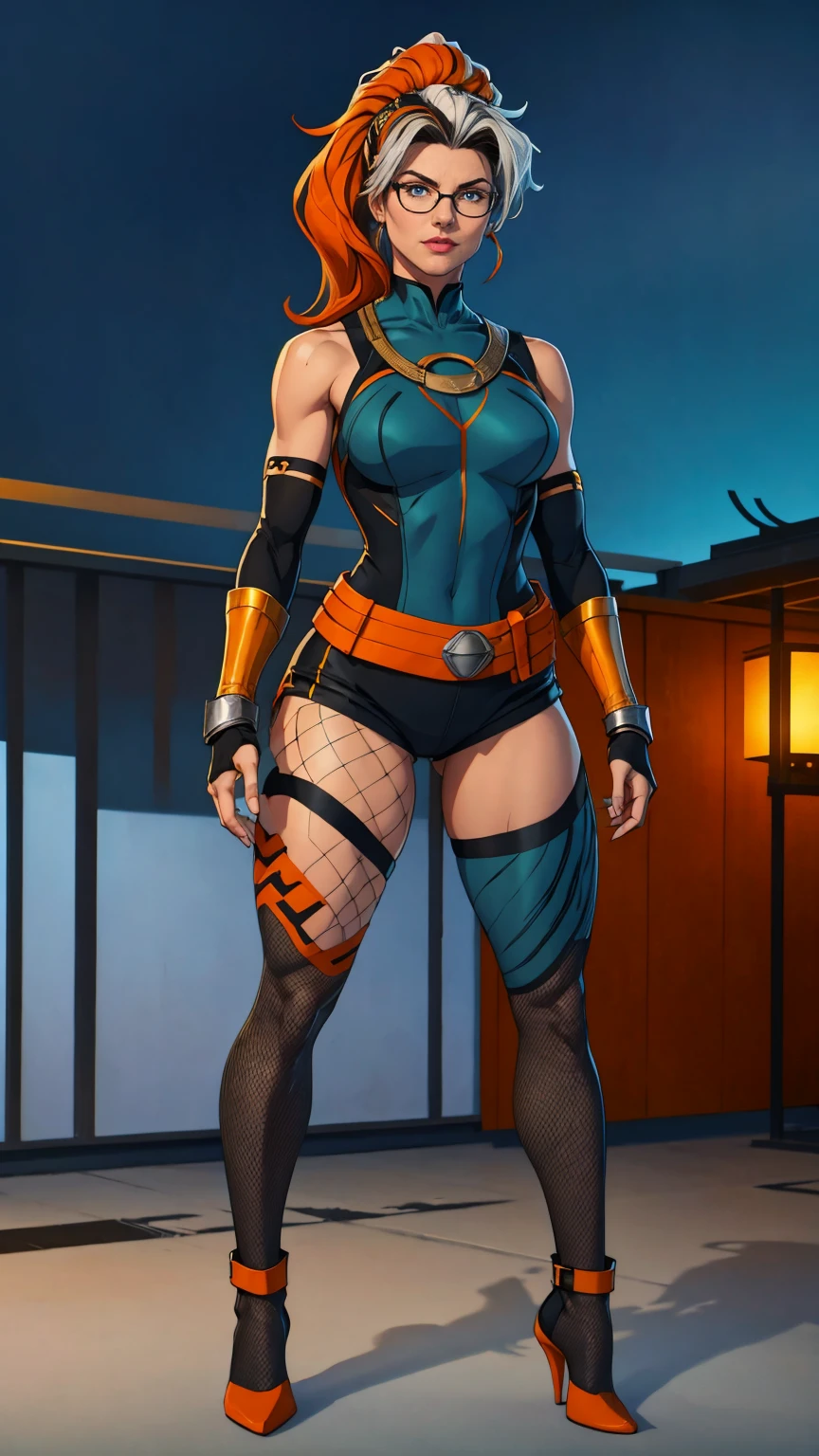 ((Full body photo, standing, feet on the floor)) (best quality,4k,8k,highres,fishnet pantyhose
, masterpiece:1.2),ultra-detailed,(realistic,photorealistic,photo-realistic:1.37),full body shot,Rogue,X-Men,yellow thigh high boots,beauty pose, standing tall, show feet, outside,fishnet pantyhose, city rooftop at night, green headband, with Ponytail, Light Blue Eyes, Round Glasses with a Slightly Dark Lens with this Lens being Orange, and the Light Blue Color frame, ((Black Metallic Gauntlets and Greaves with Orange and Silver Highlights)), (((The Clothes Have a Mix of Modern and Tribal))), (((The Clothes Have a Mix of Modern and Tribal))), having mostly the color black, but having parts in orange, shoulders exposed, at the hip a shorts that extend to half of the thigh of black color.