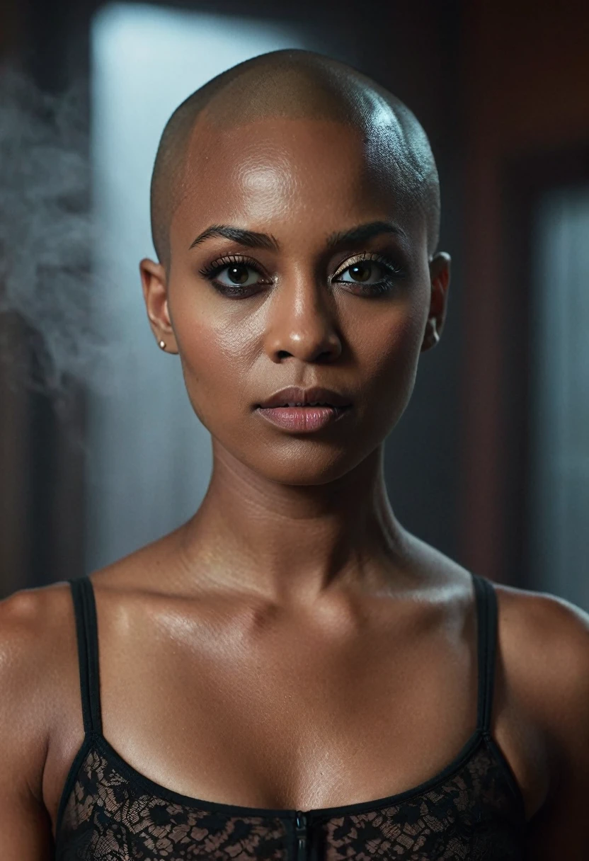 1 woman, inside a room, round neck, facial features, dark, feminine eyes, detailed dark black skin, shaved head with no hair, strong expression, dramatic lighting, cinematic composition, female body, cold palette and warm color palette, atmospheric fog, pretty face, beautiful bald black woman, (best quality, 4K, 8K, high resolution, art: 1.2), ultra-detailed, (realistic, photorealistic, photorealistic : 1.37)