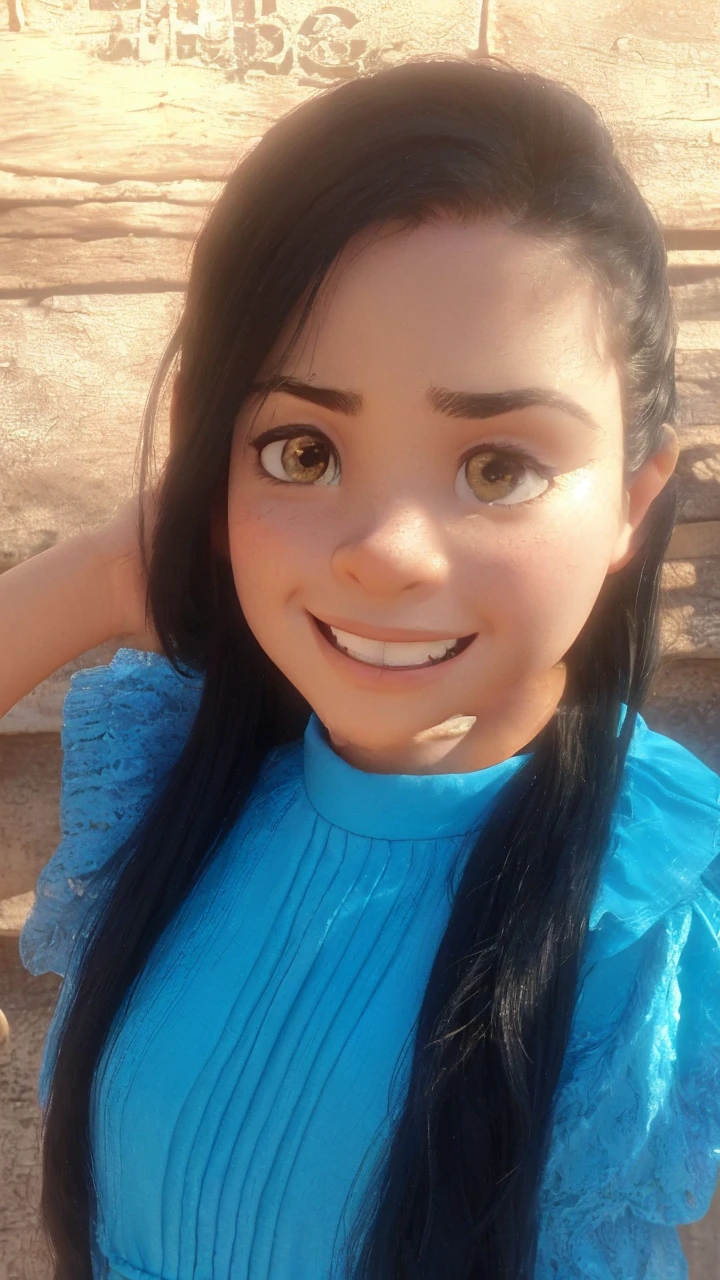 Movie style poster with the name Luna, with a light-skinned eight-year-old Brazilian , long black hair not very straight, small black eyes, [[sem make]], with a red and flowery dress , urban environment, radiant day, disney pixar style