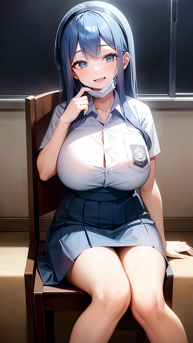 1 woman, 17 years old, (long hair, hairband, blue hair), scared face expression, plump body, blue eyes, Indonesian high-school uniform, (smile:1.4), osis logo on shirt pocket, huge XL breasts, light-grey pleated skirt, sitting on a chair, seductive pose, full body shot, smiling, in the classroom, smile. ako_bluearchive, wearing a mask (mask_pull, white surgical mask, surgical mask fit his face:1.2).