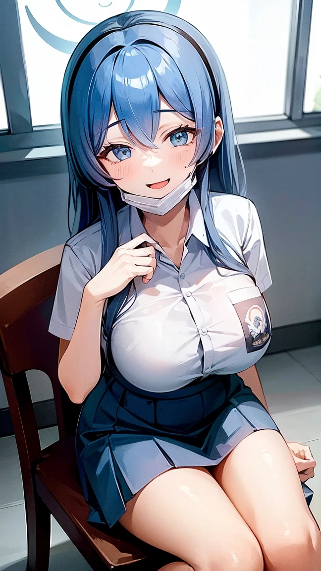 1 woman, , (long hair, hairband, blue hair), scared face expression, plump body, blue eyes, Indonesian high-school uniform, (smile:1.4), osis logo on shirt pocket, huge XL breasts, light-grey pleated skirt, sitting on a chair, seductive pose, full body shot, smiling, in the classroom, smile. ako_bluearchive, wearing a mask (mask_pull, white surgical mask, surgical mask fit his face:1.2).