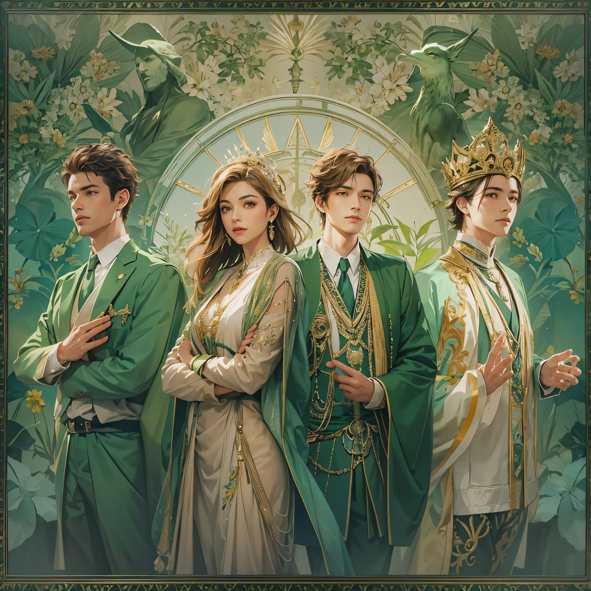 Create an image divided into four sections with a green theme: a lively Campaigner male, a serene Mediator female, a confident Protagonist male, and a wise Advocate male, each in distinctive poses against a unified backdrop with shades of green, incorporating delicate and mystical elements to enhance the overall visual appeal.