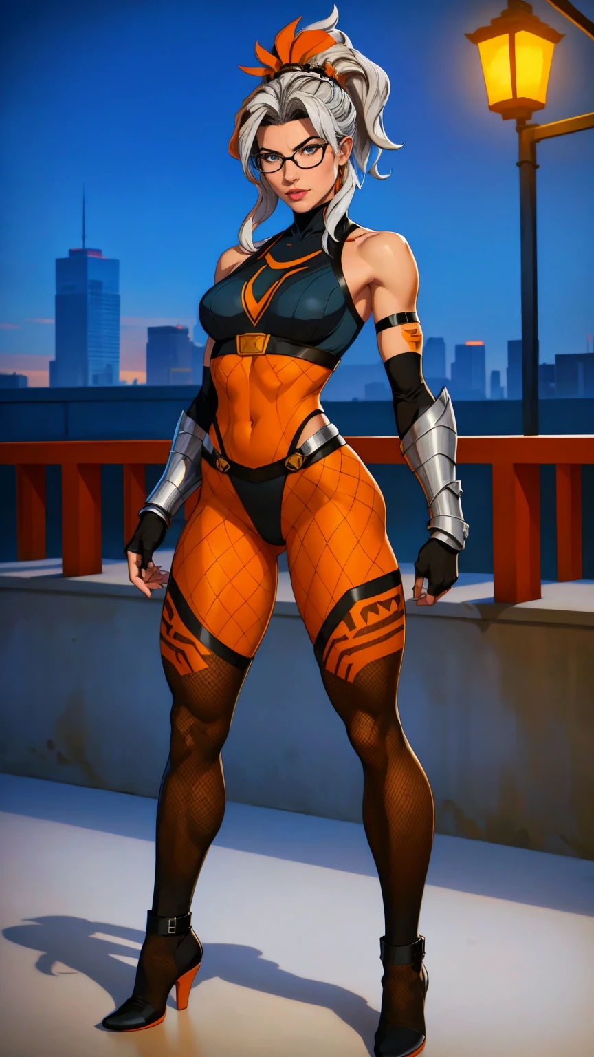 ((Full body photo, standing, feet on the floor)) (best quality,4k,8k,highres,fishnet pantyhose
, masterpiece:1.2),ultra-detailed,(realistic,photorealistic,photo-realistic:1.37),full body shot,Rogue,X-Men,yellow thigh high boots,beauty pose, standing tall, show feet, outside,fishnet pantyhose, city rooftop at night, green headband, with Ponytail, Light Blue Eyes, Round Glasses with a Slightly Dark Lens with this Lens being Orange, and the Light Blue Color frame, ((Black Metallic Gauntlets and Greaves with Orange and Silver Highlights)), (((The Clothes Have a Mix of Modern and Tribal))), (((The Clothes Have a Mix of Modern and Tribal))), having mostly the color black, but having parts in orange, shoulders exposed, at the hip a shorts that extend to half of the thigh of black color.