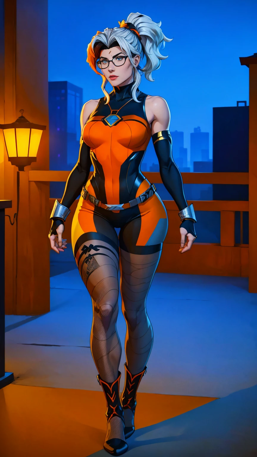 ((Full body photo, standing, feet on the floor)) (best quality,4k,8k,highres,fishnet pantyhose
, masterpiece:1.2),ultra-detailed,(realistic,photorealistic,photo-realistic:1.37),full body shot,Rogue,X-Men,yellow thigh high boots,beauty pose, standing tall, show feet, outside,fishnet pantyhose, city rooftop at night, green headband, with Ponytail, Light Blue Eyes, Round Glasses with a Slightly Dark Lens with this Lens being Orange, and the Light Blue Color frame, ((Black Metallic Gauntlets and Greaves with Orange and Silver Highlights)), (((The Clothes Have a Mix of Modern and Tribal))), (((The Clothes Have a Mix of Modern and Tribal))), having mostly the color black, but having parts in orange, shoulders exposed, at the hip a shorts that extend to half of the thigh of black color.
