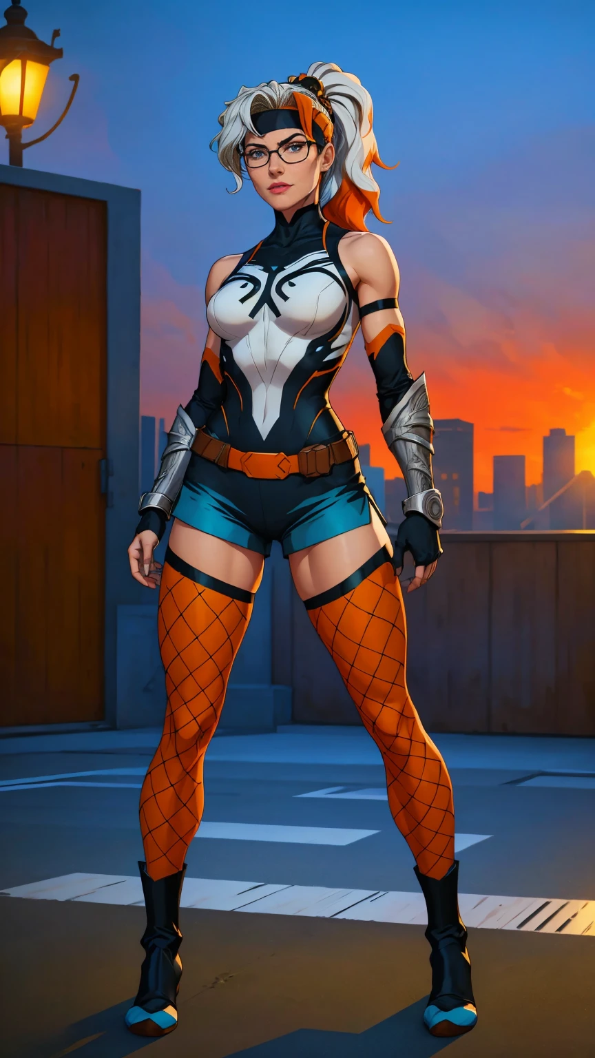 ((Full body photo, standing, feet on the floor)) (best quality,4k,8k,highres,fishnet pantyhose
, masterpiece:1.2),ultra-detailed,(realistic,photorealistic,photo-realistic:1.37),full body shot,Rogue,X-Men,yellow thigh high boots,beauty pose, standing tall, show feet, outside,fishnet pantyhose, city rooftop at night, green headband, with Ponytail, Light Blue Eyes, Round Glasses with a Slightly Dark Lens with this Lens being Orange, and the Light Blue Color frame, ((Black Metallic Gauntlets and Greaves with Orange and Silver Highlights)), (((The Clothes Have a Mix of Modern and Tribal))), (((The Clothes Have a Mix of Modern and Tribal))), having mostly the color black, but having parts in orange, shoulders exposed, at the hip a shorts that extend to half of the thigh of black color.
