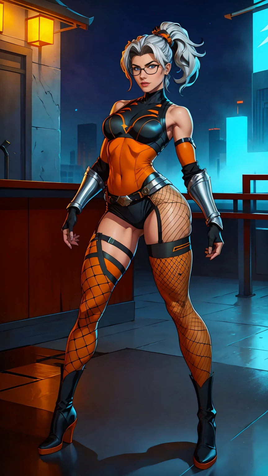 ((Full body photo, standing, feet on the floor)) (best quality,4k,8k,highres,fishnet pantyhose
, masterpiece:1.2),ultra-detailed,(realistic,photorealistic,photo-realistic:1.37),full body shot,Rogue,X-Men,yellow thigh high boots,beauty pose, standing tall, show feet, outside,fishnet pantyhose, city rooftop at night, green headband, with Ponytail, Light Blue Eyes, Round Glasses with a Slightly Dark Lens with this Lens being Orange, and the Light Blue Color frame, ((Black Metallic Gauntlets and Greaves with Orange and Silver Highlights)), (((The Clothes Have a Mix of Modern and Tribal))), (((The Clothes Have a Mix of Modern and Tribal))), having mostly the color black, but having parts in orange, shoulders exposed, at the hip a shorts that extend to half of the thigh of black color.