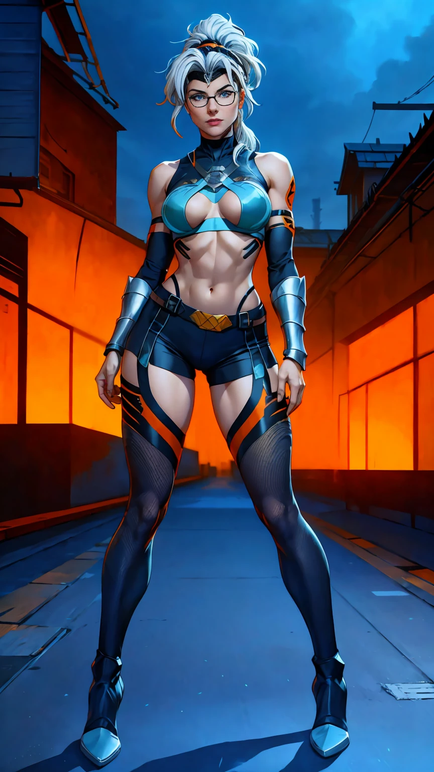 ((Full body photo, standing, feet on the floor)) (best quality,4k,8k,highres,fishnet pantyhose
, masterpiece:1.2),ultra-detailed,(realistic,photorealistic,photo-realistic:1.37),full body shot,Rogue,X-Men,yellow thigh high boots,beauty pose, standing tall, show feet, outside,fishnet pantyhose, city rooftop at night, green headband, with Ponytail, Light Blue Eyes, Round Glasses with a Slightly Dark Lens with this Lens being Orange, and the Light Blue Color frame, ((Black Metallic Gauntlets and Greaves with Orange and Silver Highlights)), (((The Clothes Have a Mix of Modern and Tribal))), (((The Clothes Have a Mix of Modern and Tribal))), having mostly the color black, but having parts in orange, shoulders exposed, at the hip a shorts that extend to half of the thigh of black color.