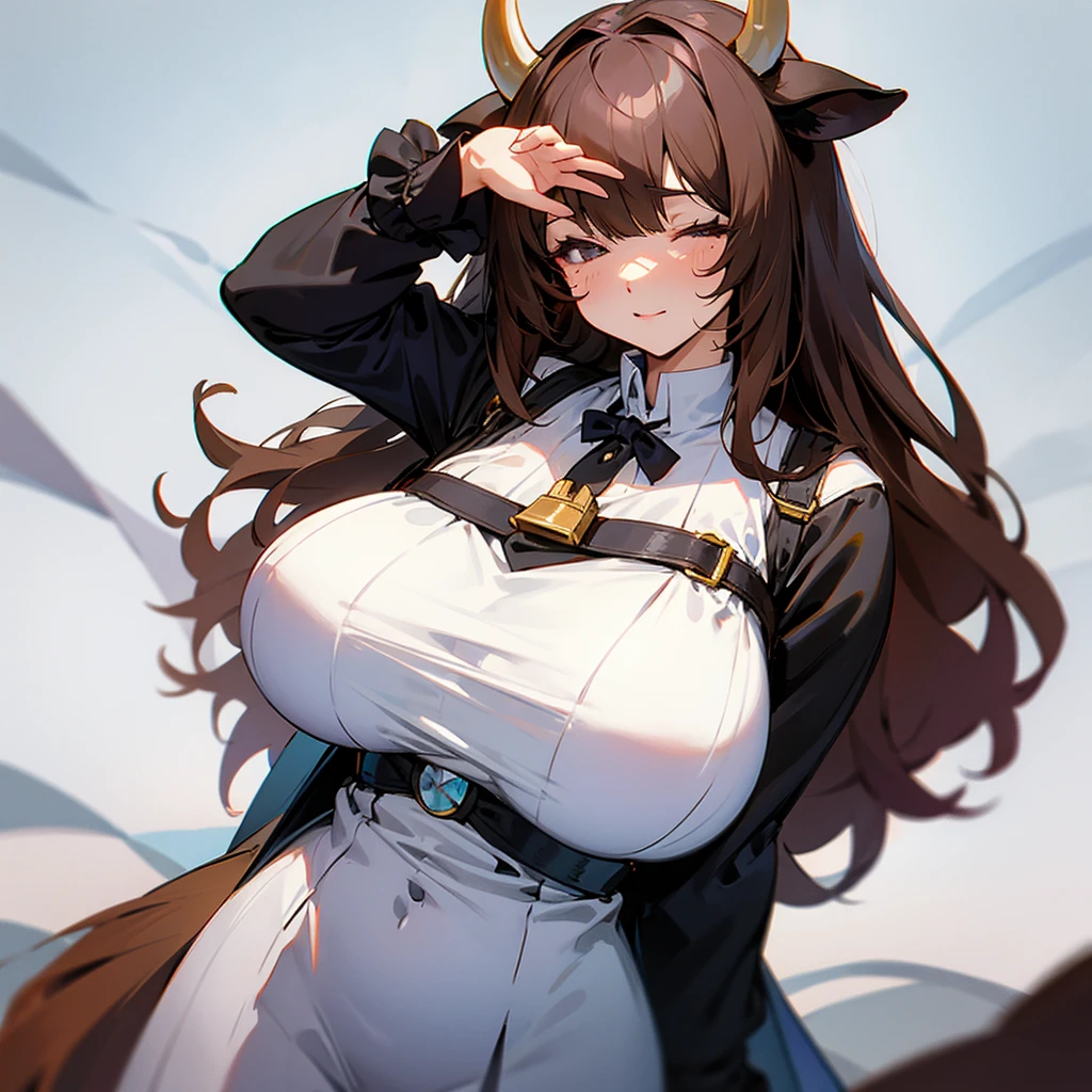 Anime cute girl, cow ears, little cow horns, cow tail, brown hair, bangs covering her eyes, massive breasts, white dress with black Stains