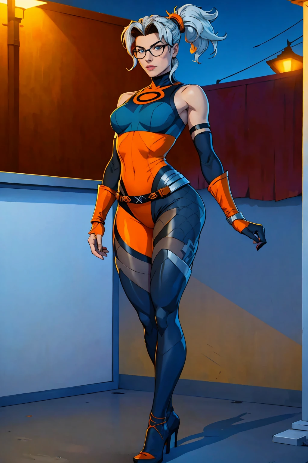 ((Full body photo, standing, feet on the floor)) (best quality,4k,8k,highres,fishnet pantyhose
, masterpiece:1.2),ultra-detailed,(realistic,photorealistic,photo-realistic:1.37),full body shot,Rogue,X-Men,yellow thigh high boots,beauty pose, standing tall, show feet, outside,fishnet pantyhose, city rooftop at night, green headband, with Ponytail, Light Blue Eyes, Round Glasses with a Slightly Dark Lens with this Lens being Orange, and the Light Blue Color frame, ((Black Metallic Gauntlets and Greaves with Orange and Silver Highlights)), (((The Clothes Have a Mix of Modern and Tribal))), (((The Clothes Have a Mix of Modern and Tribal))), having mostly the color black, but having parts in orange, shoulders exposed, at the hip a shorts that extend to half of the thigh of black color.