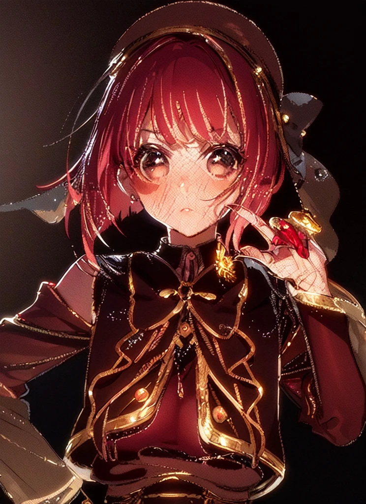 {{Kana Arima:1.6}}, {oshinoko}, (8k), ((Best Quality)), (Ultra-Detailed), High Resolution, Extremely Details CG, ((Photorealistic:1.2)), official art, by famous artist, perfect hands, perfect anatomy, super detailed skin, Beautifully Detailed Eyes, Beautifully Detailed Skin, Beautifully Detailed Hand, Beautifully Detailed Fingers, Beautifully Detailed Lip, Shiny Skin, Shiny Skin, Glossy Skin, PUPILS SPARKLING, Moody Lighting, Film Reflection, Deep Rendering, beautiful countenance, 1 girl in, 独奏, 25 years old, red-pink-purple hair, Bob cut with even ends, ((Bangs are aligned in a straight line)), ((Big, round eyes)), Calm face, red-black eyes, (blush), room, ((night)), Ribbon on chest, Jacket, hot pants, Cowboy Shot, Model-like pose, looking at the camera,