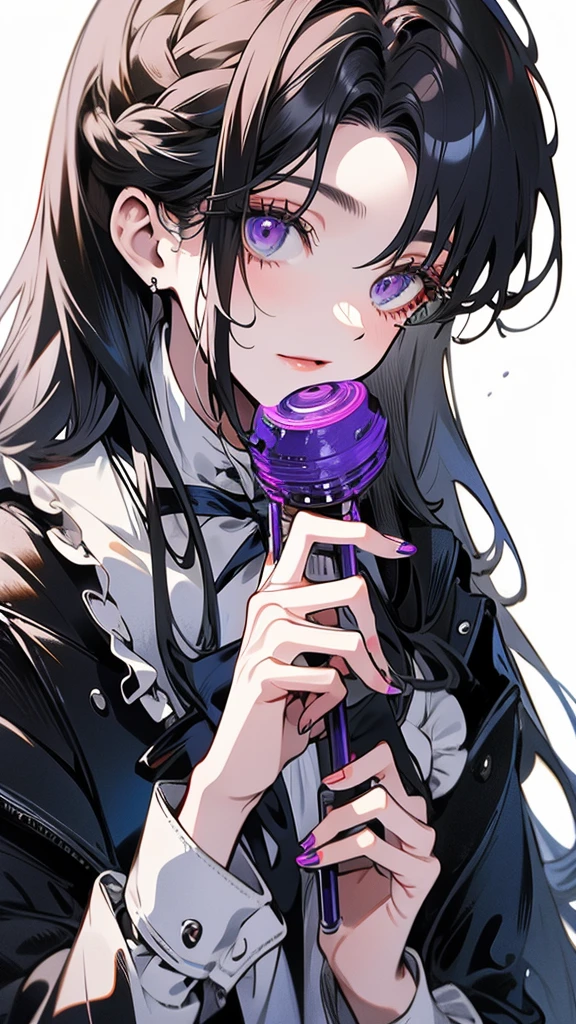 (Top resolution、Distinct_image)top-quality、(A girl) 、masterpiece、highly detailed, half body, Semi-realistic、 lpurple eyes 、18year old,
blue hair ,young 、Exquisite facial features、Facial features ,variation potrait, long hairstyles, , age, cool , cold sharp eyes, , {Very detailed 8k CG unit wallpaper}, students, whit oversized shirt , black tie, music classroom, (blue jacket on top)