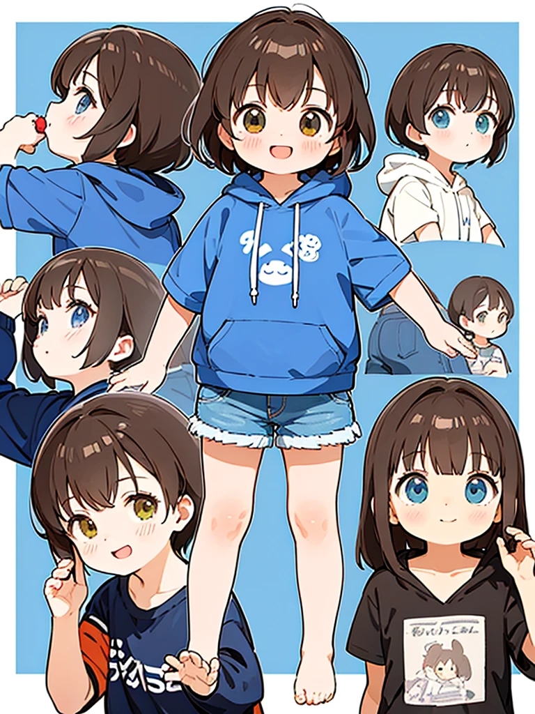 One , Brown Hair, Bob Hair, bangs, Character design drawings, anime, Ghibli-style colors, Gentle colors, He is wearing a white short-sleeved hoodie and denim shorts.、Active、looks fun、smile、、Background is white