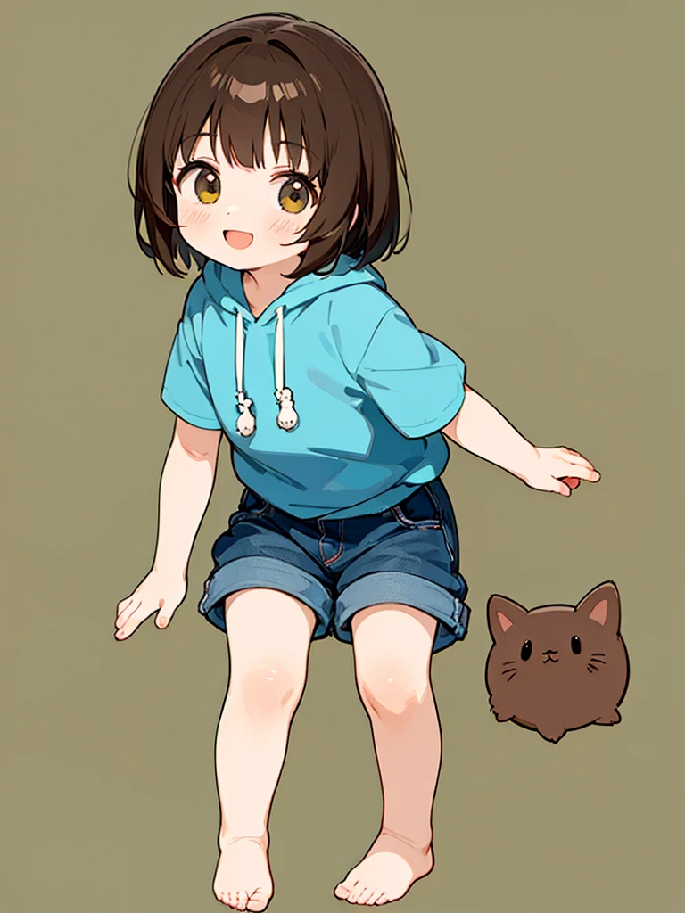 One , Brown Hair, Bob Hair, bangs, Character design drawings, anime, Ghibli-style colors, Gentle colors, He is wearing a white short-sleeved hoodie and denim shorts.、Active、looks fun、smile、5 years old、Background is white