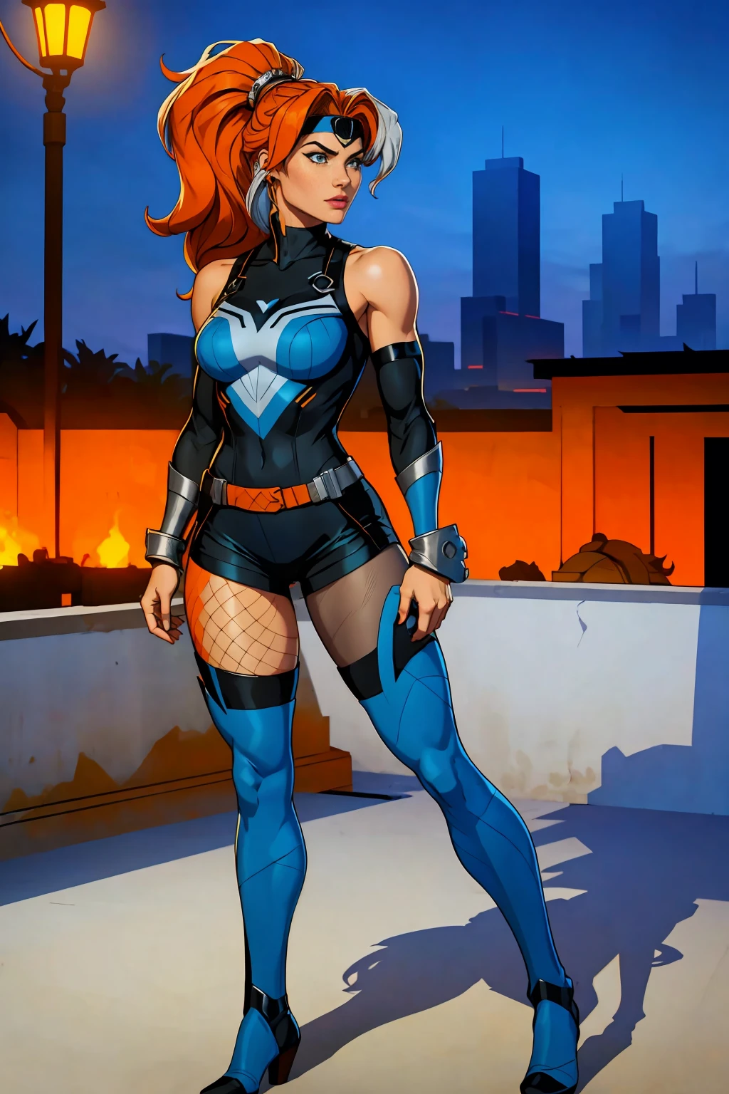 ((Full body photo, standing, feet on the floor)) (best quality,4k,8k,highres,fishnet pantyhose
, masterpiece:1.2),ultra-detailed,(realistic,photorealistic,photo-realistic:1.37),full body shot,Rogue,X-Men,yellow thigh high boots,beauty pose, standing tall, show feet, outside,fishnet pantyhose, city rooftop at night, green headband, with Ponytail, Light Blue Eyes, Round Glasses with a Slightly Dark Lens with this Lens being Orange, and the Light Blue Color frame, ((Black Metallic Gauntlets and Greaves with Orange and Silver Highlights)), (((The Clothes Have a Mix of Modern and Tribal))), (((The Clothes Have a Mix of Modern and Tribal))), having mostly the color black, but having parts in orange, shoulders exposed, at the hip a shorts that extend to half of the thigh of black color.