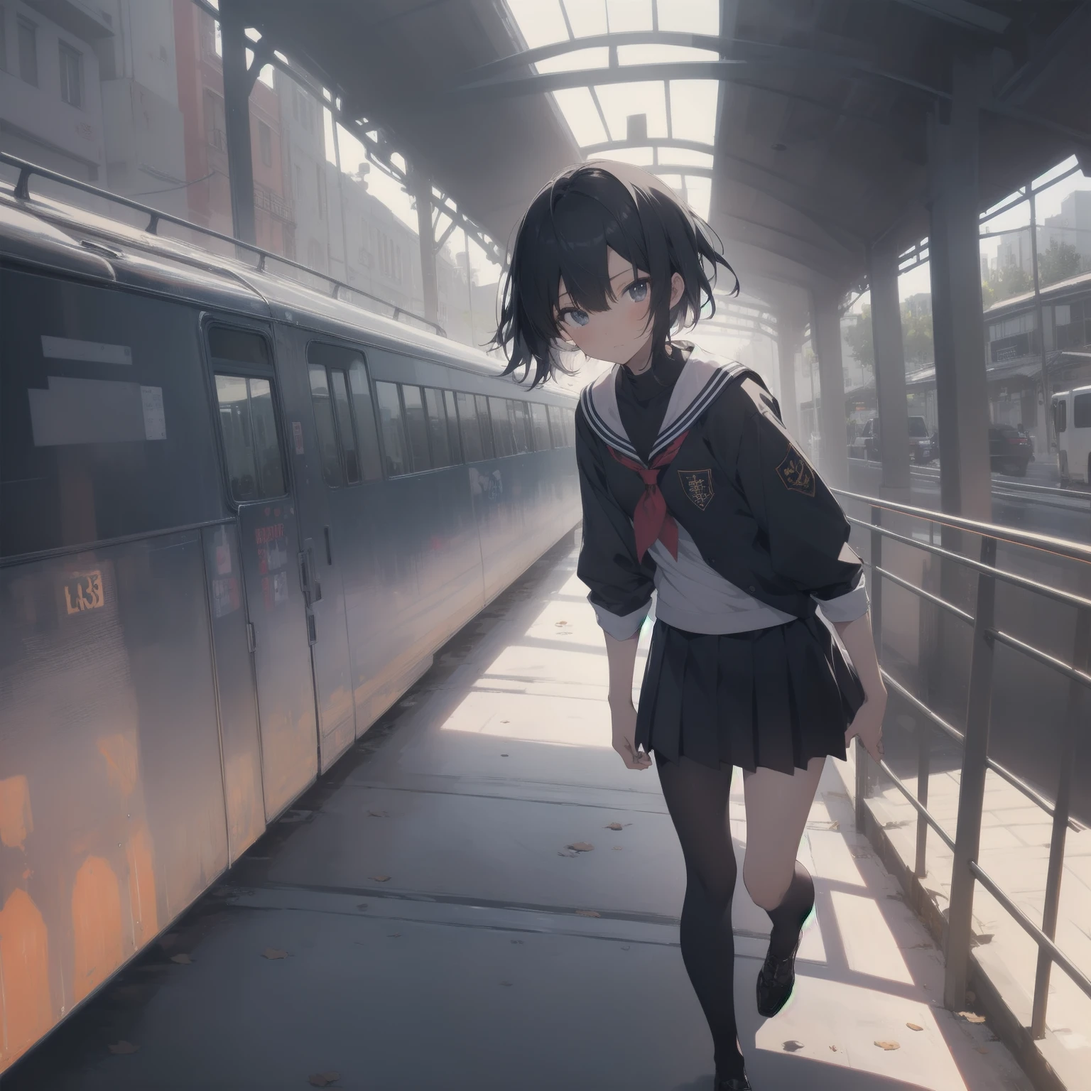 ultra-absurdres-Top quality by artist God, ultra-detailed, high resolution, anime moe artstyle, best anime 8k konachan wallpaper, pixiv contest winner, pool:2810, perfect anatomy,break, 1girl, (Please draw a girl walking sleepily to school alone. )break,(Solo,little female, 13-year-old:1.3),Full limbs, complete fingers,a junior high school student, (very short hair), short cut, flat chest, , small butt, small black eyes, beautiful detailed eyes, well-proportioned iris and pupils, expressive eyes, highres detailed hair, soft expression, salor school_uniform, sailor collar, serahuku, bow, pleated skirt,(Detailed Lighting), (Detailed background), in the School commute route. break,super detailed skin, Best cinematic lighting powered by famous artist, 8k,beauty illustration,photoshop_(medium),very aesthetic,break,((artist:kotorai )), artist:clamp ,artist:carnelian ,artist:kantoku ,