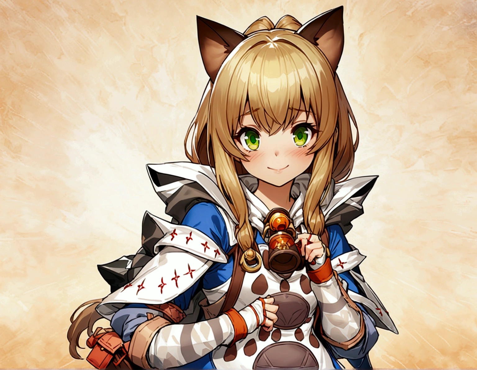 ((monsterhunter)), looking the viewer, solo, girl, shy, red cheek, bashful, embarrassed, smiling, perfect face, beautiful eye, 
