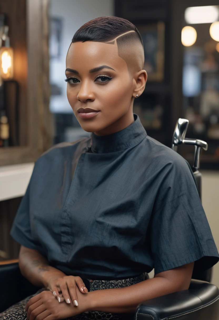a stunning African american, 30 year old woman with a super short buzzcut with a medium fade undercut and a side shave sitting in a barberchair, photorealistic, hyperrealistic, 8k, uhd, high detail, masterpiece, film grain