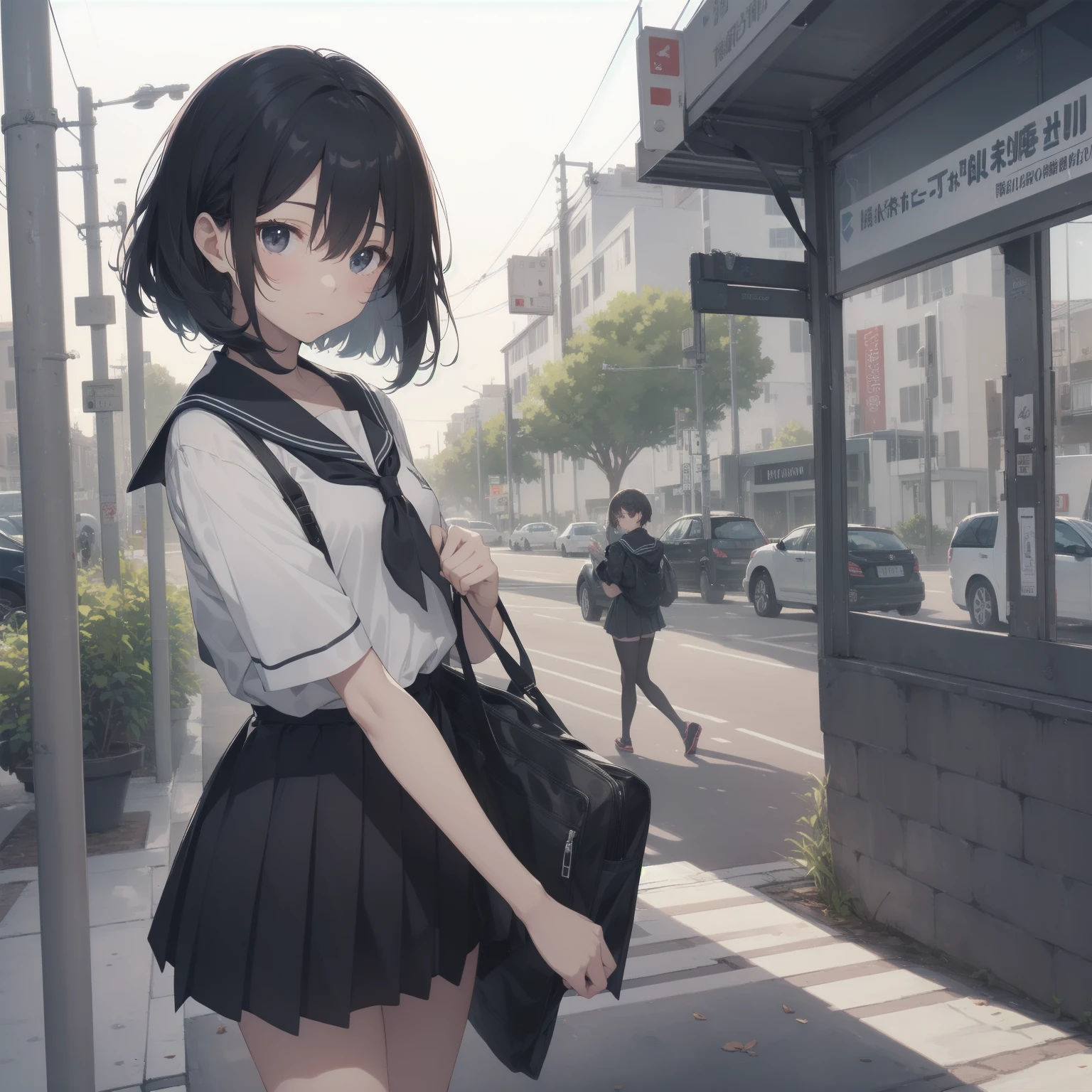 ultra-absurdres-Top quality by artist God, ultra-detailed, high resolution, anime moe artstyle, best anime 8k konachan wallpaper, pixiv contest winner, pool:2810, perfect anatomy,break, 1girl, (Please draw a girl walking sleepily to school alone. )break,(Solo,little female, 13-year-old:1.3),Full limbs, complete fingers,a junior high school student, (very short hair), short cut, flat chest, , small butt, small black eyes, beautiful detailed eyes, well-proportioned iris and pupils, expressive eyes, highres detailed hair, soft expression, salor school_uniform, sailor collar, serahuku, bow, pleated skirt,(Detailed Lighting), (Detailed background), in the School commute route. break,super detailed skin, Best cinematic lighting powered by famous artist, 8k,beauty illustration,photoshop_(medium),very aesthetic,break,((artist:kotorai )), artist:clamp ,artist:carnelian ,artist:kantoku ,