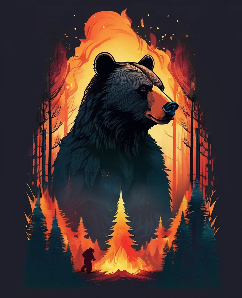 t shirt design, T-shirt with a breathtaking digital illustration captures the mesmerizing moment when a bear merges perfectly with the enchanting forest full of flames and smoke. The bear's piercing eyes emit an intense, quase sobrenatural, angry glare, while her mane blends harmoniously with the koumae. The white background, a striking contrast between the mixture of the angry bear and the flames that consume the forest. The surreal and mystical atmosphere evoked by this captivating scene blurs the line between reality and fantasy., leaving the viewer in awe of the bear's mesmerizing metamorphosis.