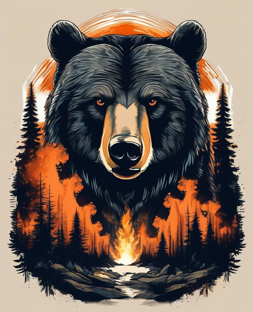 t shirt design, T-shirt with a breathtaking digital illustration captures the mesmerizing moment when a bear merges perfectly with the enchanting forest full of flames and smoke. The bear&#39;s piercing eyes emit an intense, quase sobrenatural, angry glare, while her mane blends harmoniously with the koumae. The white background, a striking contrast between the mixture of the angry bear and the flames that consume the forest. The surreal and mystical atmosphere evoked by this captivating scene blurs the line between reality and fantasy., leaving the viewer in awe of the bear&#39;s mesmerizing metamorphosis.
