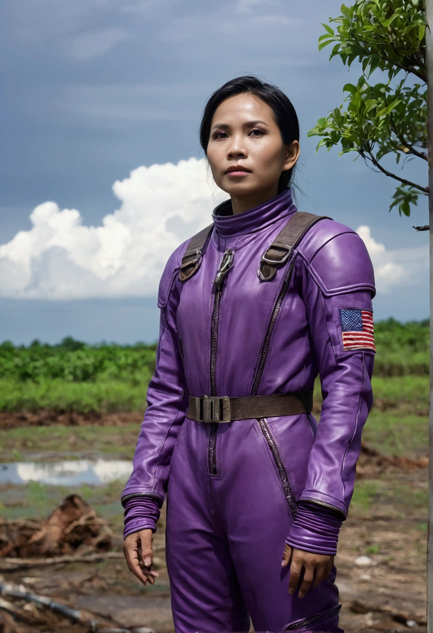 thai woman, look at the viewer, by the wide, purple matte leather spacesuit, cloud, day, sky,outdoor, after the apocalypse, remains, scenery, tree, Water,