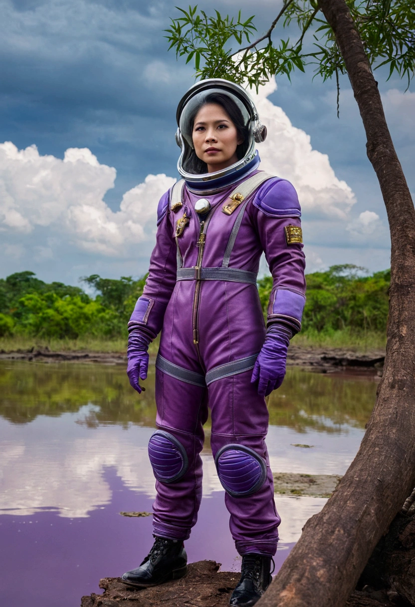 thai woman, look at the viewer, by the wide, purple matte leather spacesuit, cloud, day, sky,outdoor, after the apocalypse, remains, scenery, tree, Water,