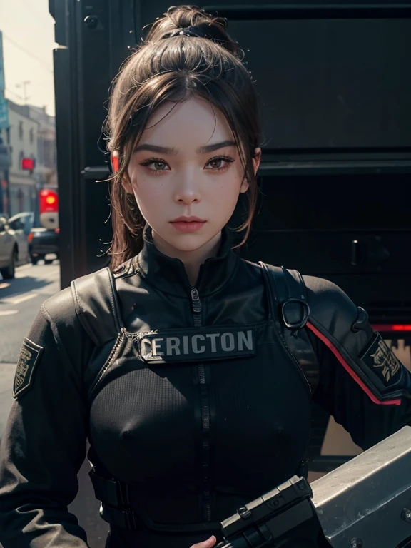 A highly detailed photorealistic portrait of a woman, wearing a SWAT vest, holding a gun, with jewelry, erect nipples, in front of an armored vehicle, high resolution, masterpiece, cinematic lighting, dramatic pose, hyper realistic, 8k, physically-based rendering, sharp focus, looking at the viewer 