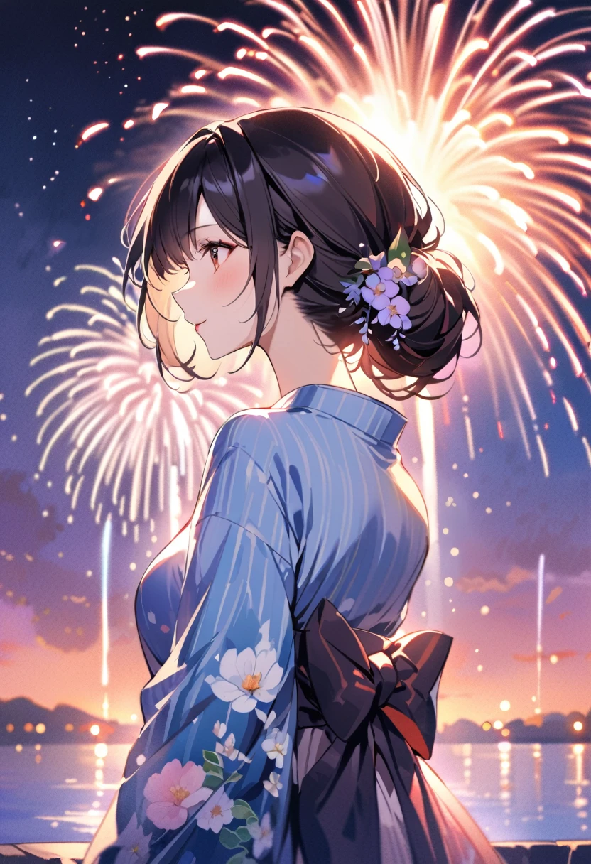 Modern watercolor painting of beloved wife in yukata, Watch the fireworks display. The scene is romantic and captivating, Very big and vivid fireworks are launched in the sky. The wife is beautiful and graceful, With a gentle expression and flowers blooming in the hair.