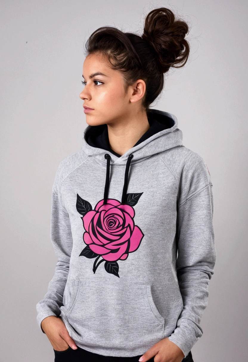 fille de 21 ans,cheveux noirs, (chignons). porter un t-shirt rose, porter un sweat à capuche blanc, corps couvert, Porter des pantalons chauds en jean, poitrine moyenne naturelle, fond gris