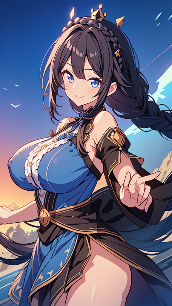 best quality, extremely detailed,anime style girl,long hair down to the waist, straight hair, ((dark black hair with bluish)),((crown braid)),beautiful detailed eyes, pinched eyes, (dark blue eyes),huge breasts,curvy,cutie dress,clothing with complex patterns,smile,café,Diagonal angle,dynamic angle,active pose