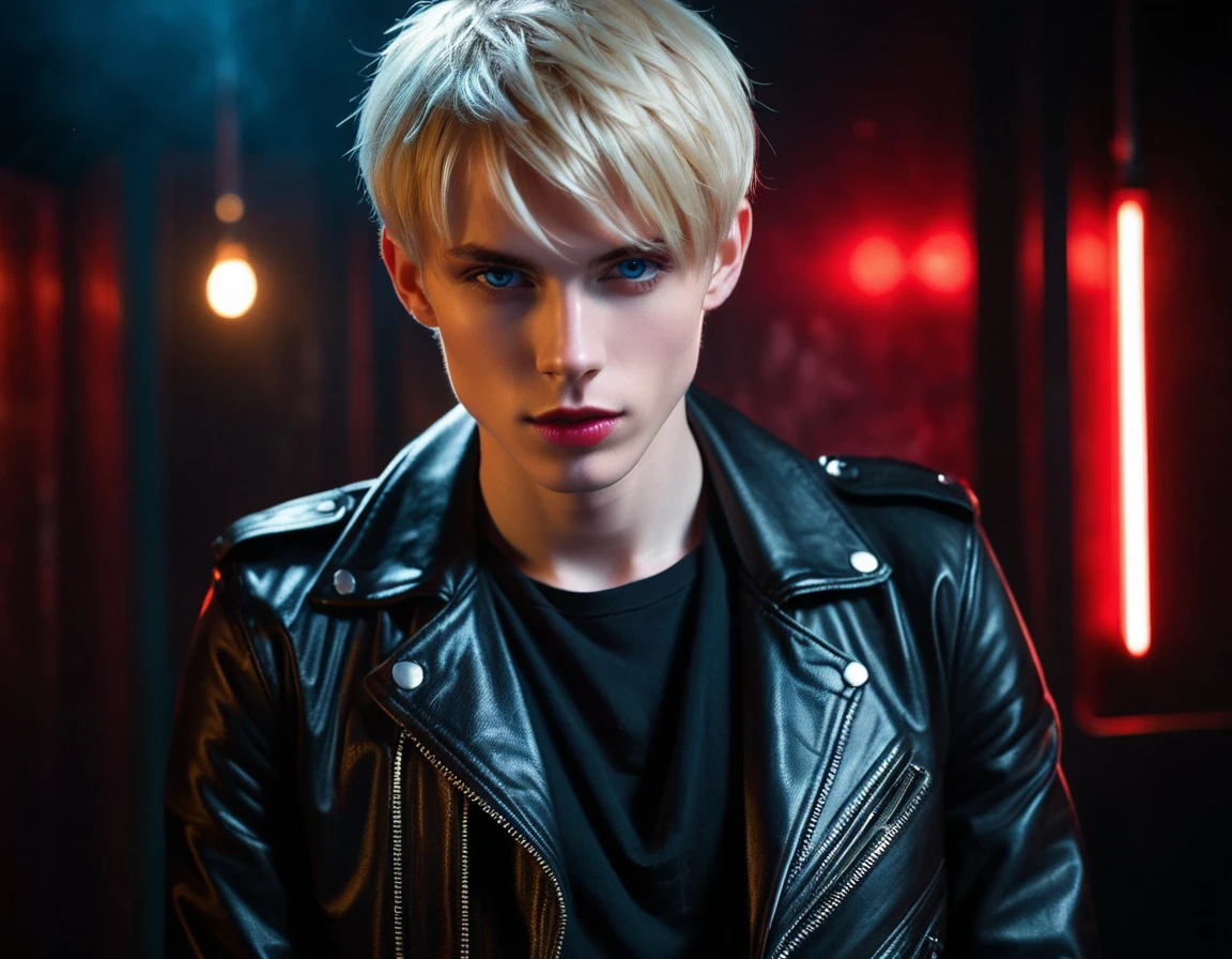 Hyper realistic, dark vibes, solo, young man, boyish face, 22 years, pale skin, model (skinny:1.2), blue eyes, (short textured blond hair:1.2), tussled side swept fringe, black leather jacket, holding sharp knife, dark lighting, night BDSM club background, foreboding, sexy, attractive, demon, incubus, evil, dark, sadistic expression (smirk:1.1), (red neon sign din background "CONTEXT":1.2)