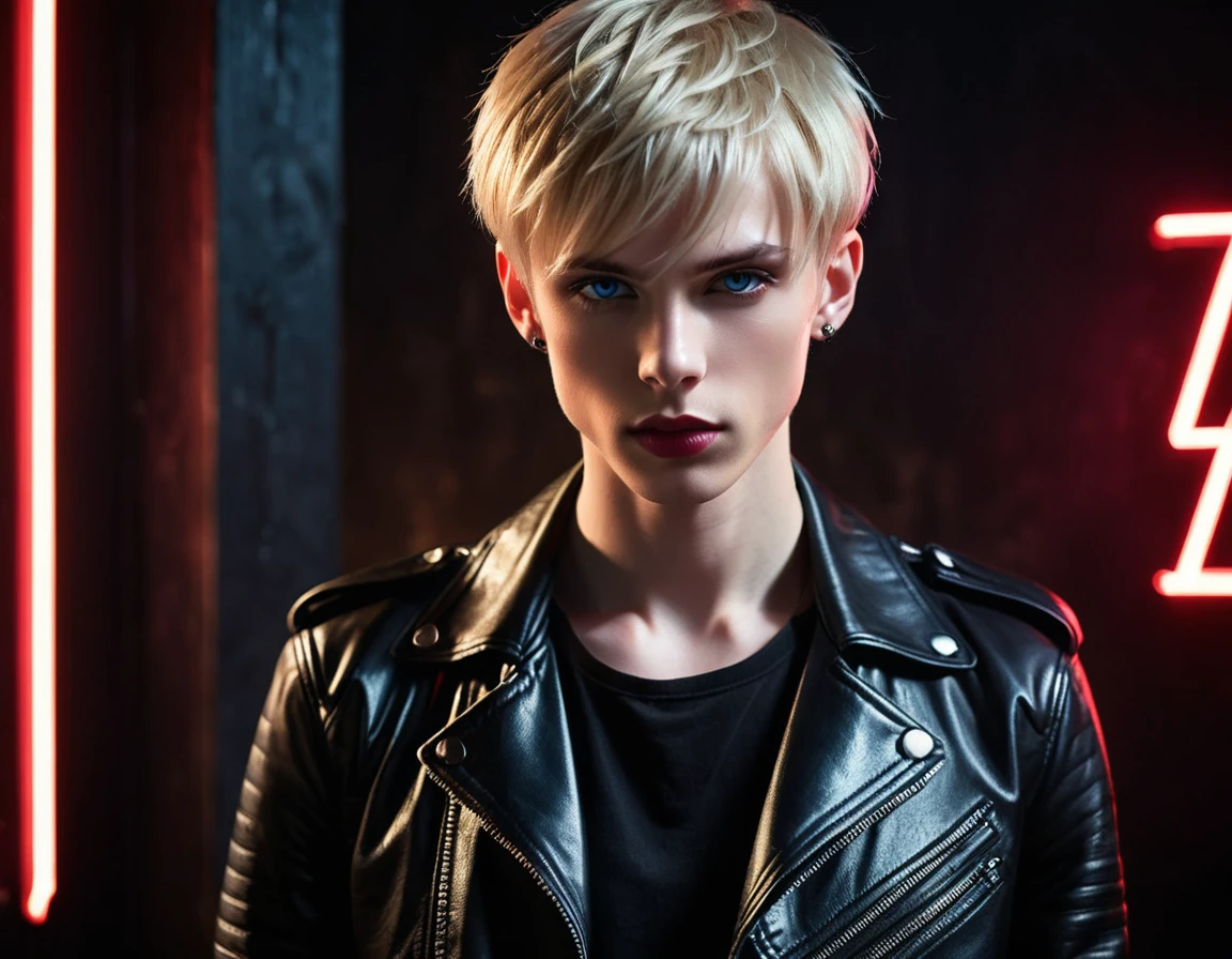 Hyper realistic, dark vibes, solo, young man, boyish face, 22 years, pale skin, model (skinny:1.2), blue eyes, (short textured blond hair:1.2), tussled side swept fringe, black leather jacket, holding sharp knife, dark lighting, night BDSM club background, foreboding, sexy, attractive, demon, incubus, evil, dark, sadistic expression (smirk:1.1), (red neon sign din background "CONTEXT":1.2)