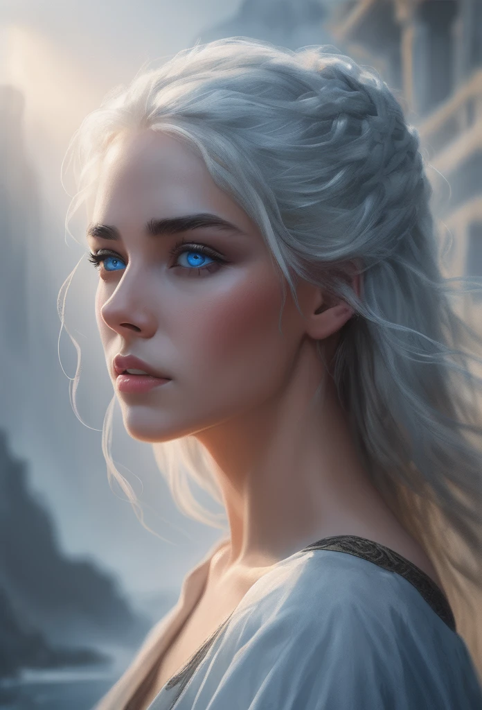 High Quality illustration,ultra detailed, Beautiful picture of A painting of a  beauty, blue eyes and white hair , Fog, cinematic shot, haze lighting, 16k, uhd, blurry masterpiece,cinematic, epic, oil painting 
