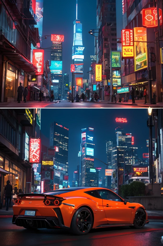 A stunning, high-poly 3D render featuring a futuristic cityscape. The skyline is filled with towering skyscrapers, each with unique, intricate designs and glowing neon lights. In the foreground, there's a glossy, sleek sports car with a futuristic design, giving off a vibrant orange glow. The overall atmosphere of the image is sleek, futuristic, and vibrant, with a touch of cyberpunk influence., 3d render