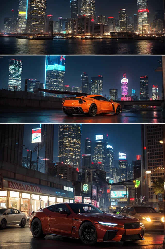 A stunning, high-poly 3D render featuring a futuristic cityscape. The skyline is filled with towering skyscrapers, each with unique, intricate designs and glowing neon lights. In the foreground, there's a glossy, sleek sports car with a futuristic design, giving off a vibrant orange glow. The overall atmosphere of the image is sleek, futuristic, and vibrant, with a touch of cyberpunk influence., 3d render