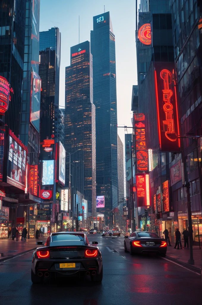A stunning, high-poly 3D render featuring a futuristic cityscape. The skyline is filled with towering skyscrapers, each with unique, intricate designs and glowing neon lights. In the foreground, there's a glossy, sleek sports car with a futuristic design, giving off a vibrant orange glow. The overall atmosphere of the image is sleek, futuristic, and vibrant, with a touch of cyberpunk influence., 3d render