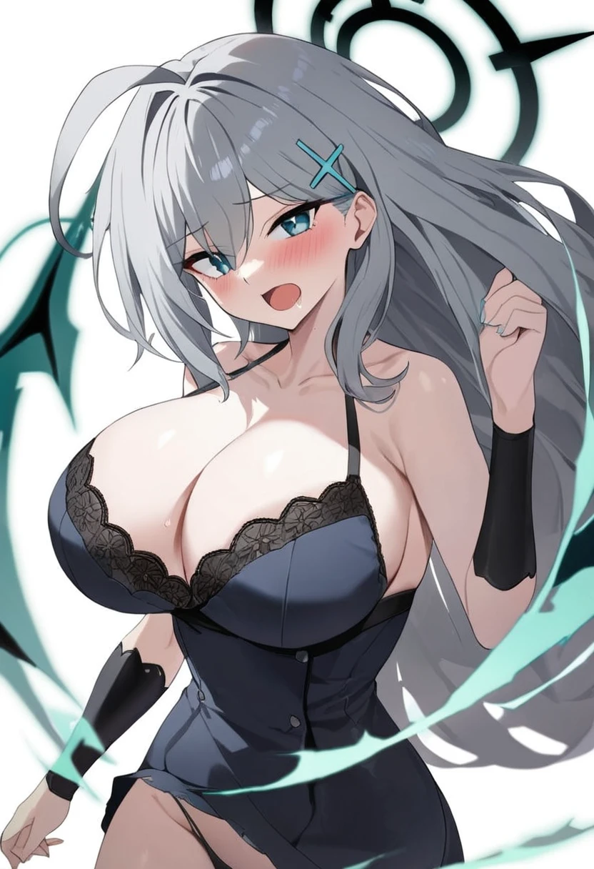 1girl, Shiroko Terror (Blue Archive), masterpiece, best quality, woman, excited, embarrassed, neutral, standing, looking at viewer, long hair, ahoge, silver hair, blue eyes, tsurime, pale skin, beautiful breasts, voluptuous, underwear, white background, no background, hard-edged, cowboy shot, dynamic angle, from above, dutch angle shot, golden ratio
