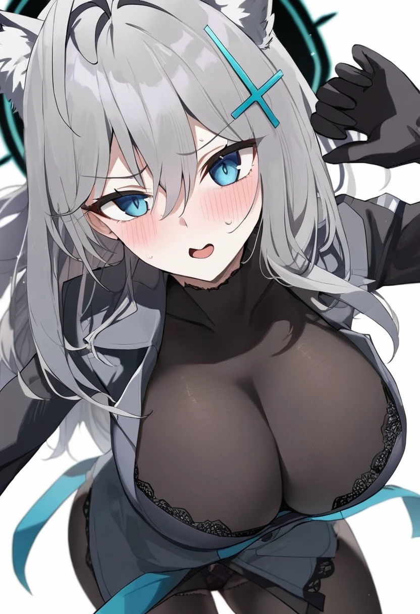 1girl, Shiroko Terror (Blue Archive), masterpiece, best quality, woman, excited, embarrassed, neutral, standing, looking at viewer, long hair, ahoge, silver hair, blue eyes, tsurime, pale skin, beautiful breasts, voluptuous, underwear, white background, no background, hard-edged, cowboy shot, dynamic angle, from above, dutch angle shot, golden ratio