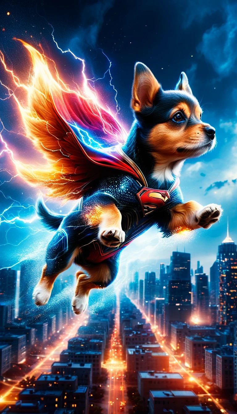 A flying puppy superhero, fly high on sky above city, strange powers, powerful superhero suit, dynamic model pose, full body shot, lightnings, sparkles, fire,  digital art, 8k, hyperrealistic, high contrast, dramatic lighting, vibrant colors, cinematic composition, volumetric lighting, photorealistic, intricate details, chiaroscuro, moody atmosphere, cinematic angle, dramatic shadows, immersive background city from sky