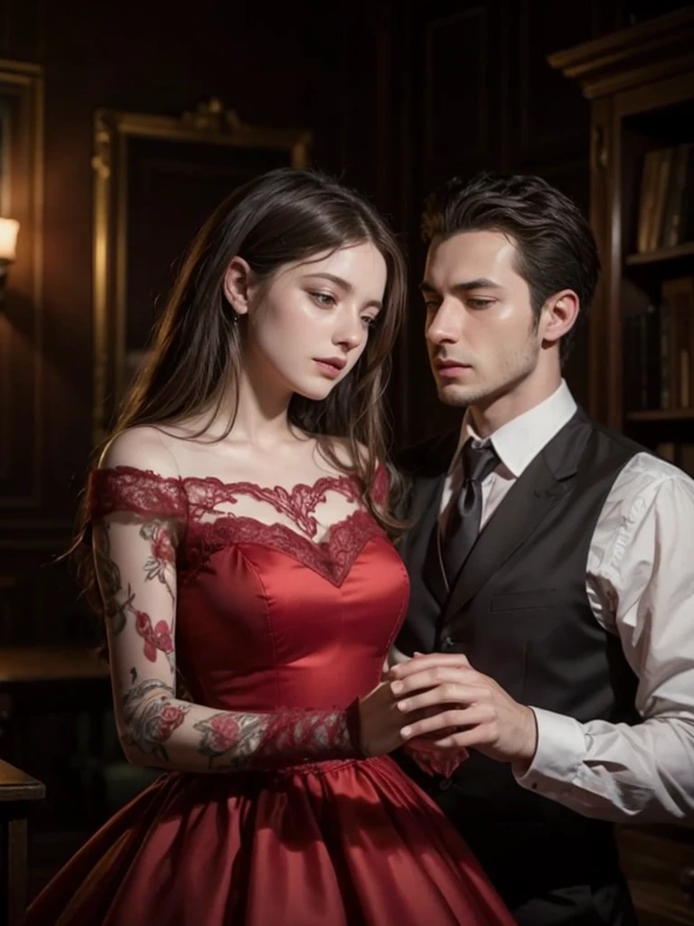 arafed image of a man and a woman in a red dress, romantic couple, by Micha Klein, by Emma Andijewska, man and woman in love, an elegant couple, by Julia Pishtar, lovely couple, by Matija Jama, by Eugeniusz Zak, by Antoni Brodowski, by irakli nadar, realistic detailed fingers, detailed hands anatomy