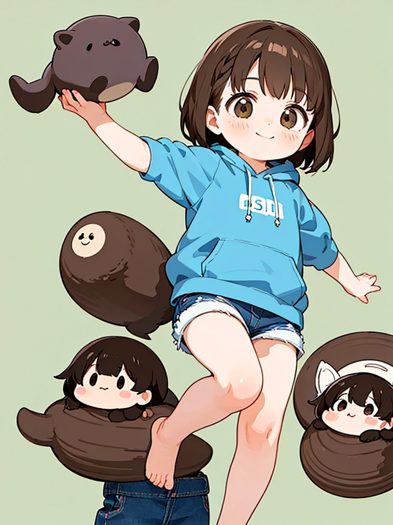 One , Brown Hair, Bob Hair, bangs, Character design drawings, anime, Ghibli-style colors, Gentle colors, He is wearing a plain white short-sleeved hoodie and denim shorts.、Active、looks fun、smile、5 years old、Background is white