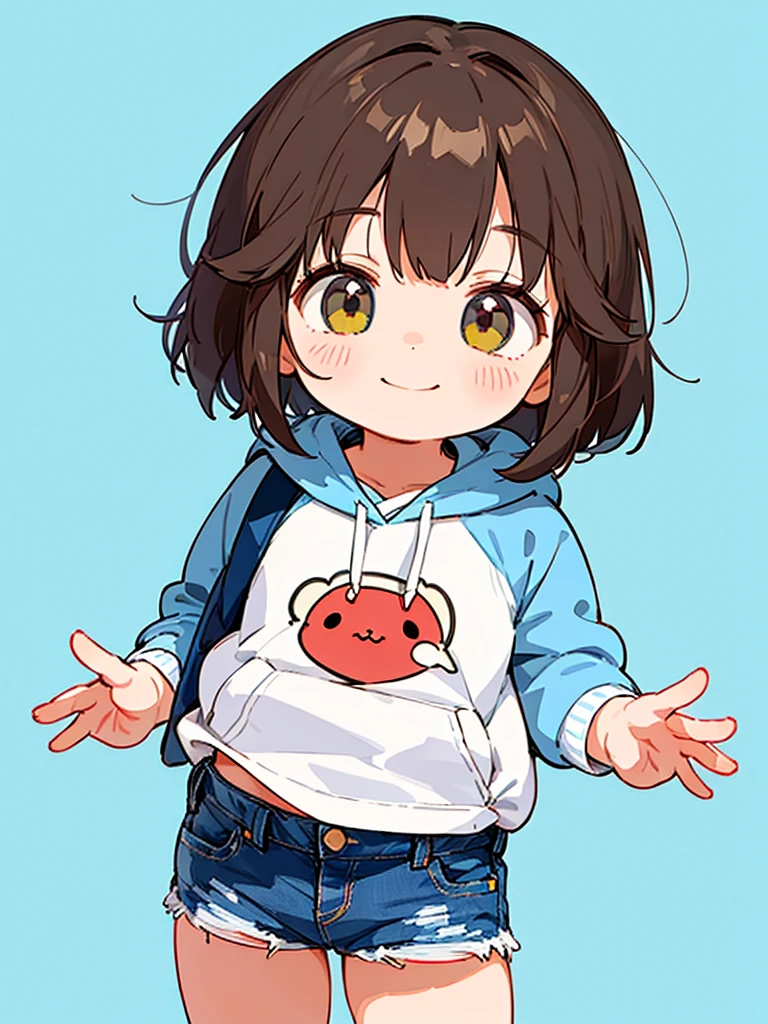 One , Brown Hair, Bob Hair, bangs, Character design drawings, anime, Ghibli-style colors, Gentle colors, He is wearing a plain white short-sleeved hoodie and denim shorts.、Active、looks fun、smile、5 years old、Background is white