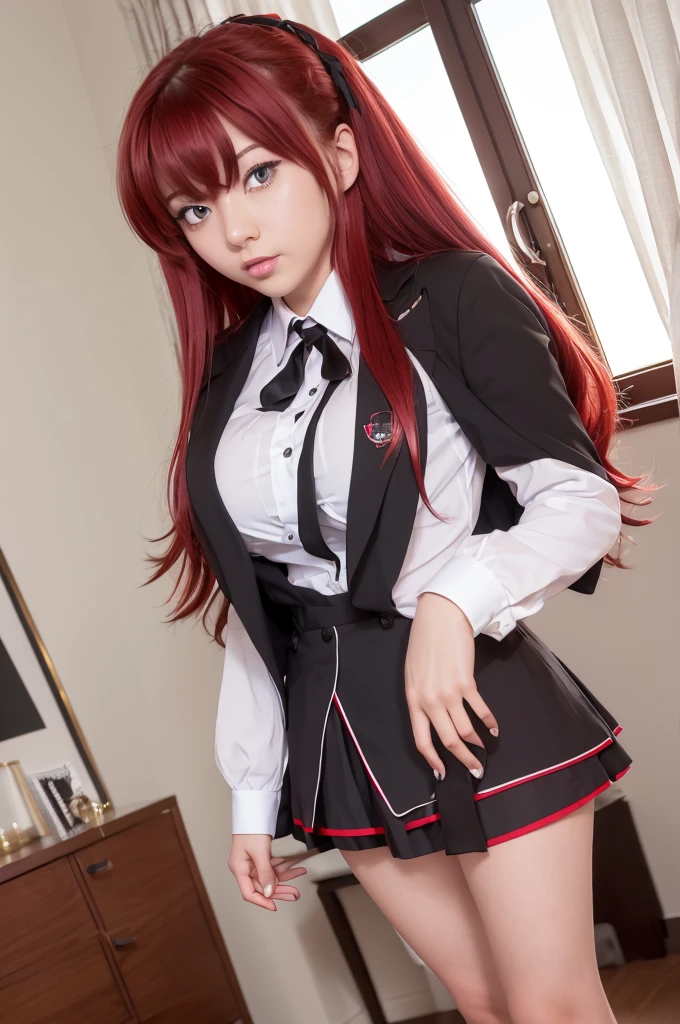 Rias_Gremory, black ribbon, white collared shirt, red pleated skirt, black capelet
(pikkyriasgremory, high school dxd, blue eyes, breasts, large breasts, long hair, very long hair, red hair, ahoge, huge ahoge, 18 years old, thurime) (standing, smilling, front point of view) (outfit: , skirt) ,KuohAcademyUniform,  living room, curatins, window, dappled sunlight, sunset, sunset, sunset