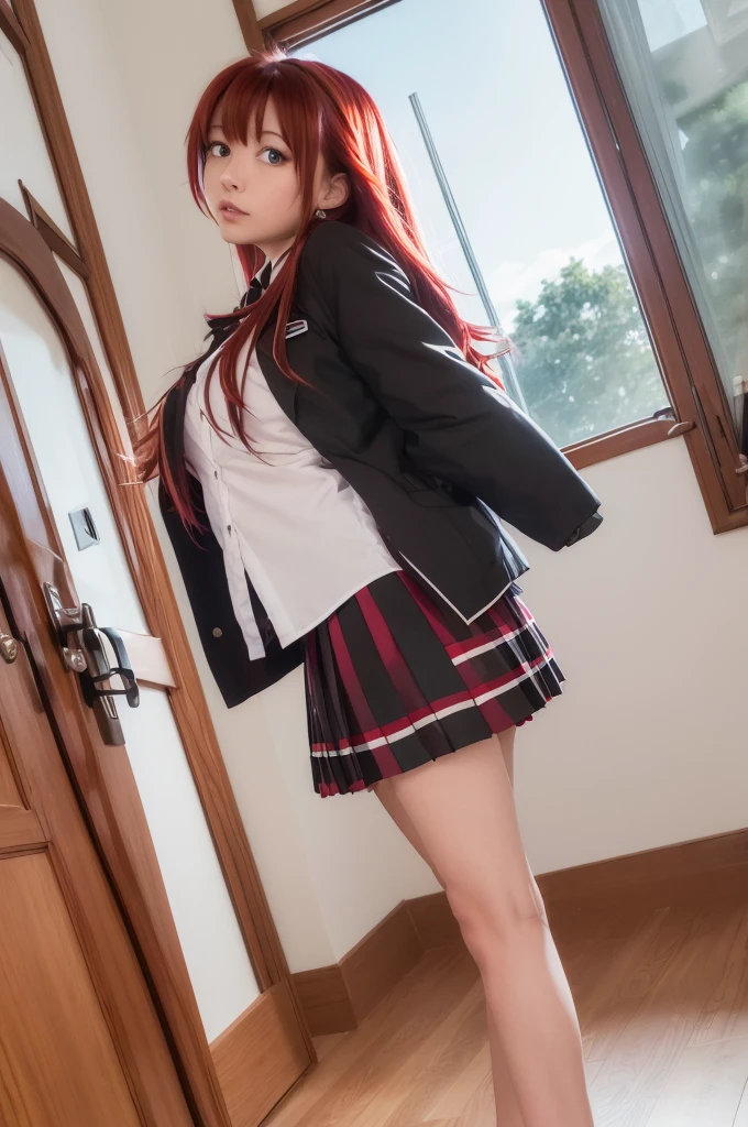 Rias_Gremory, black ribbon, white collared shirt, red pleated skirt, black capelet
(pikkyriasgremory, high school dxd, blue eyes, breasts, large breasts, long hair, very long hair, red hair, ahoge, huge ahoge, 18 years old, thurime) (standing, smilling, front point of view) (outfit: , skirt) ,KuohAcademyUniform, living room, curatins, window, dappled sunlight, sunset, sunset, sunset