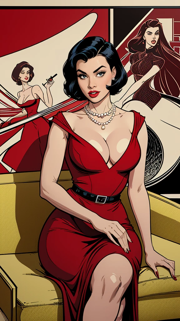 (Masterpiece, Best Quality), 8k Wallpaper, highly detailed, poster, vintage spy film, 1960s, extremely seductive y attractive female love doctor, short black perfect hair, (short Hair ) cinematic movie poster, Bauhaus, shapes, lines, abstract, propaganda, mid century modern, movie poster, vintage, Lady Killer by Joelle Jones, vintage seductive sexlothes, ((deep cleavauctive red dress, (red dress) , deep cleavage dressdress. Pearl necklace , green extremely seductive eyes, ((teasing, passion, seductive eyes looking in viewer)) sitting on the sofa with crossed perfect legs, comic, comic style